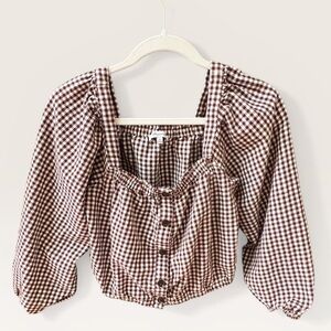 Madewell Brown & White Gingham Puff-Sleeve Blouse